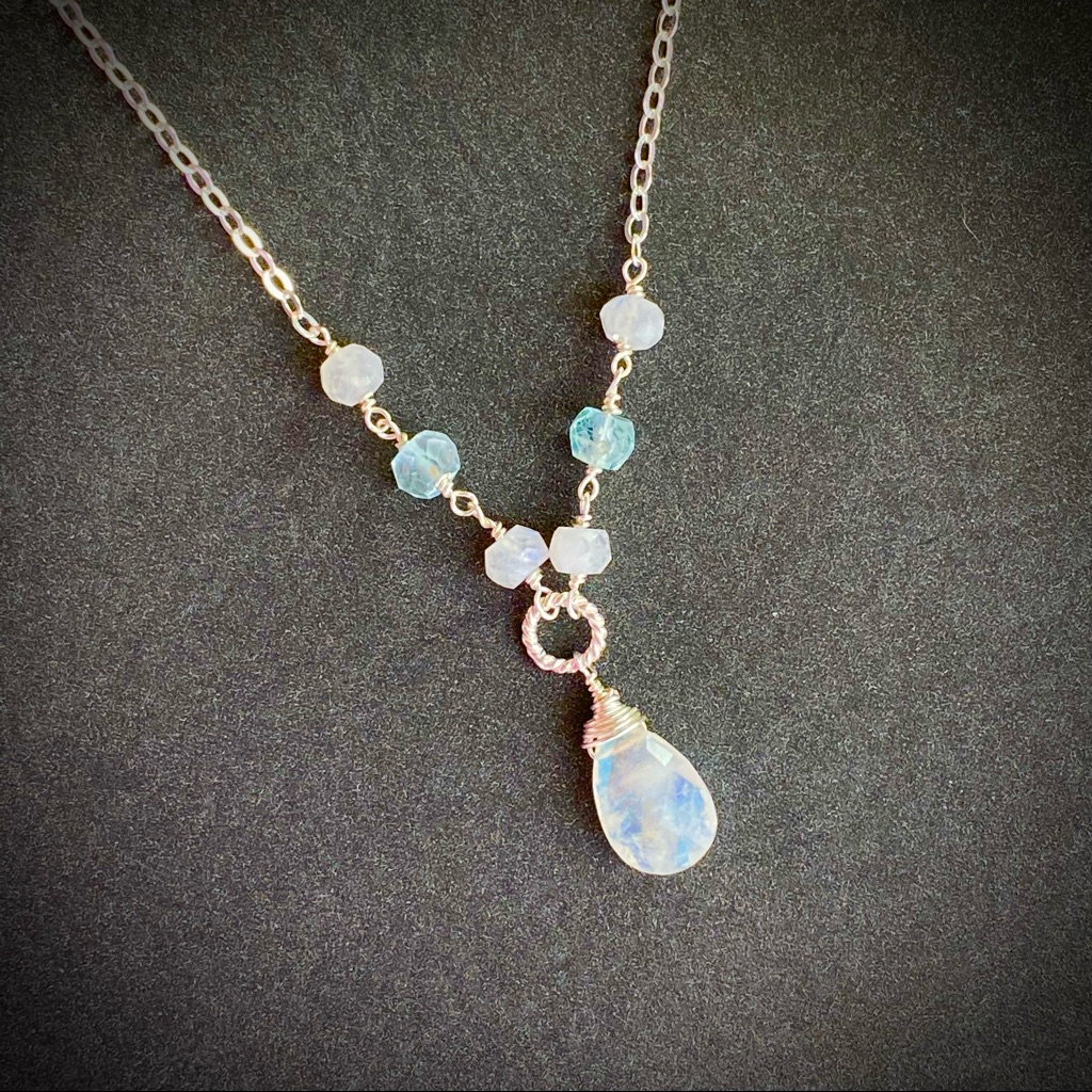 Moonstone Aquamarine Necklace Solid Sterling Silver Dainty Minimalist Jewelry